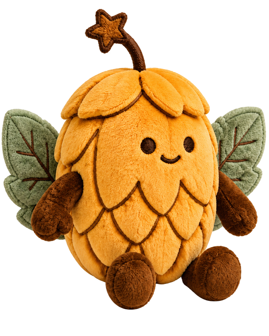Hopper plushie, a soft toy version of the David Craft Ale hop mascot, with plush leaf wings and a star-tipped stem