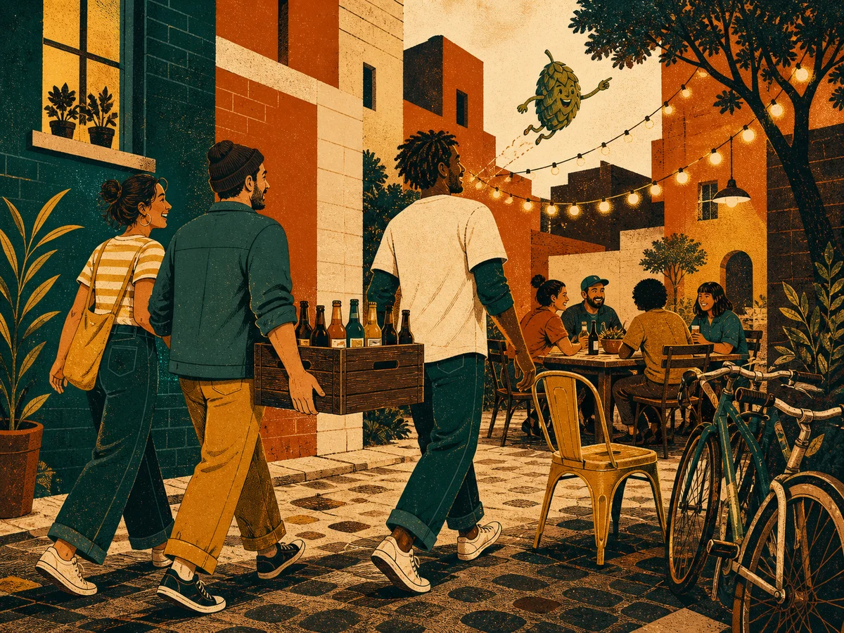 Vintage illustration of friends bringing a crate of craft beer to a courtyard gathering