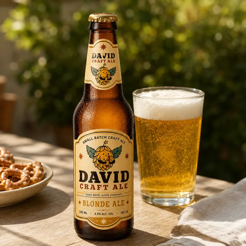 Blonde Ale bottle and glass on a sunlit wooden table