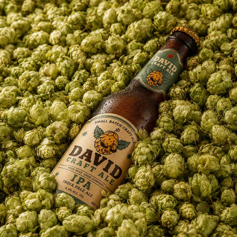 IPA bottle sunk into a dense mound of freshly picked green hops