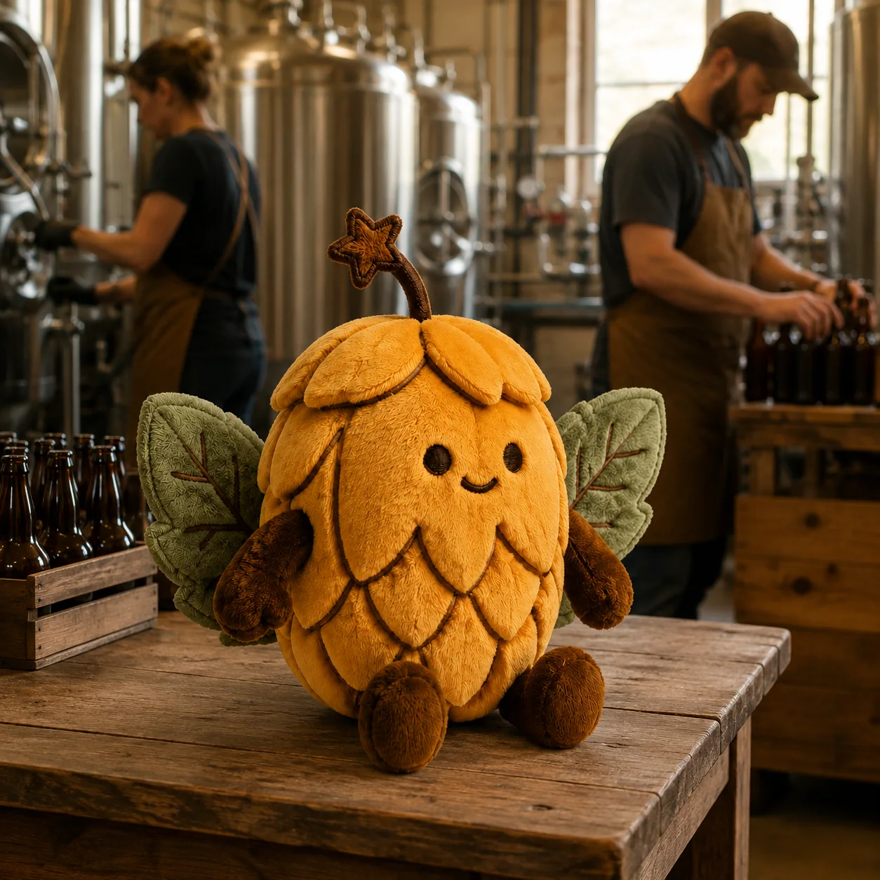 Hopper in the foreground of a working craft brewery, with two adult brewers and steel tanks behind
