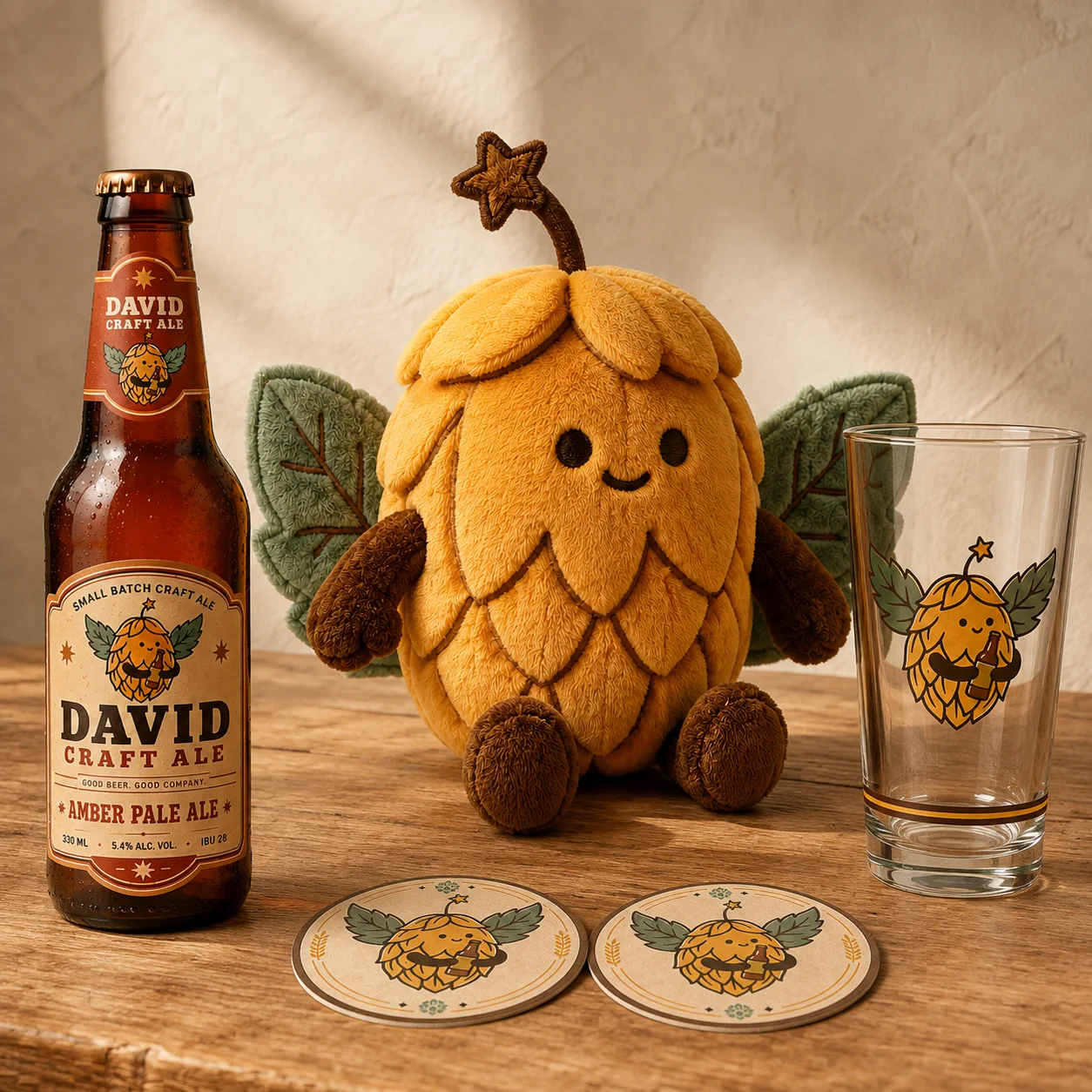 Hopper with a David Craft Ale Amber Pale Ale bottle, branded pint glass and beer mats