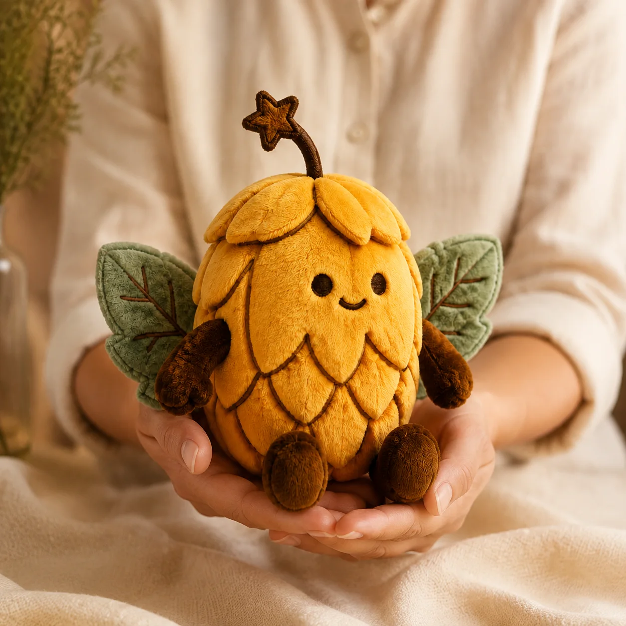 Hopper gently held in an adult's hands, showing the plush toy's scale and soft texture