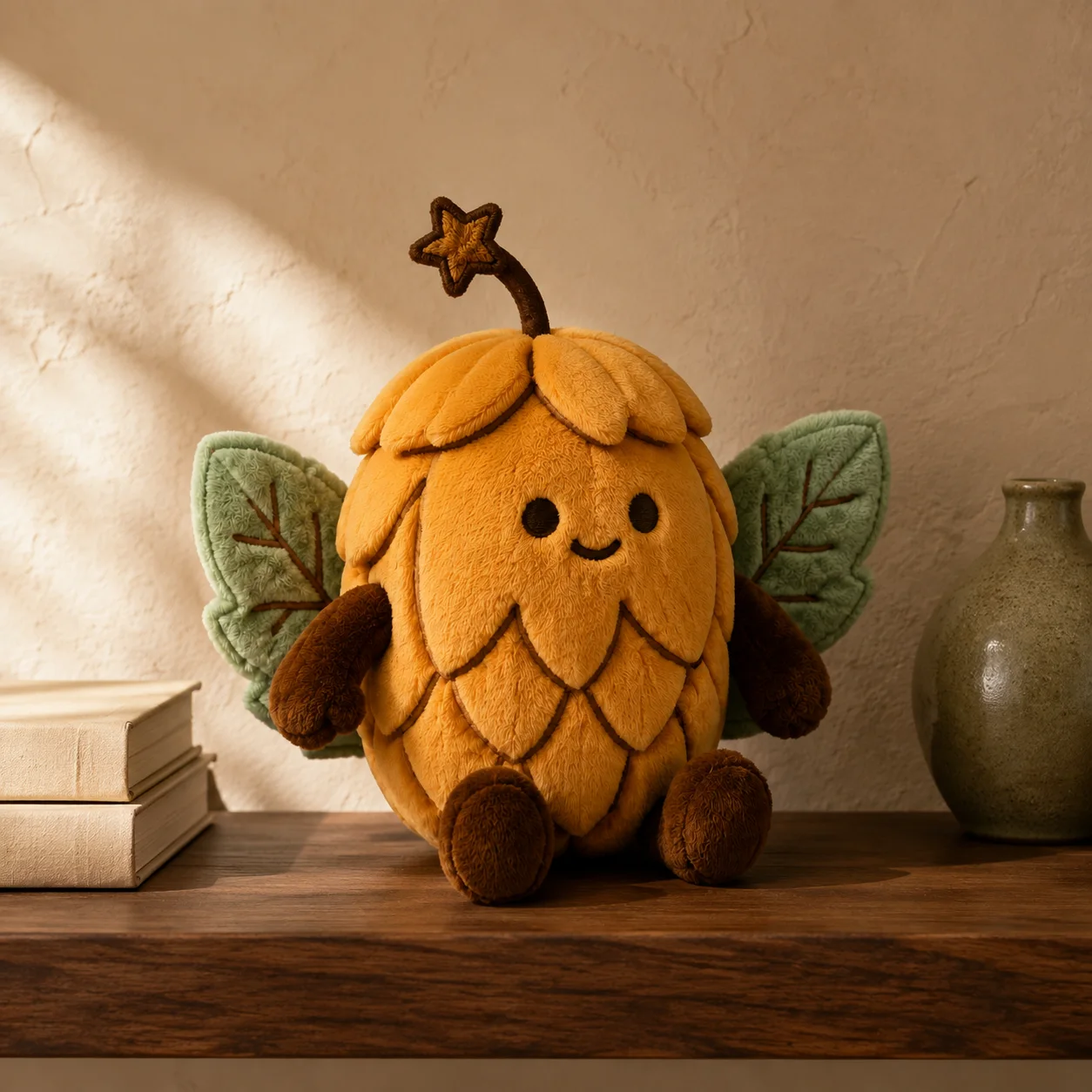 Hopper on a walnut shelf beside cream books and an olive ceramic vase in afternoon light