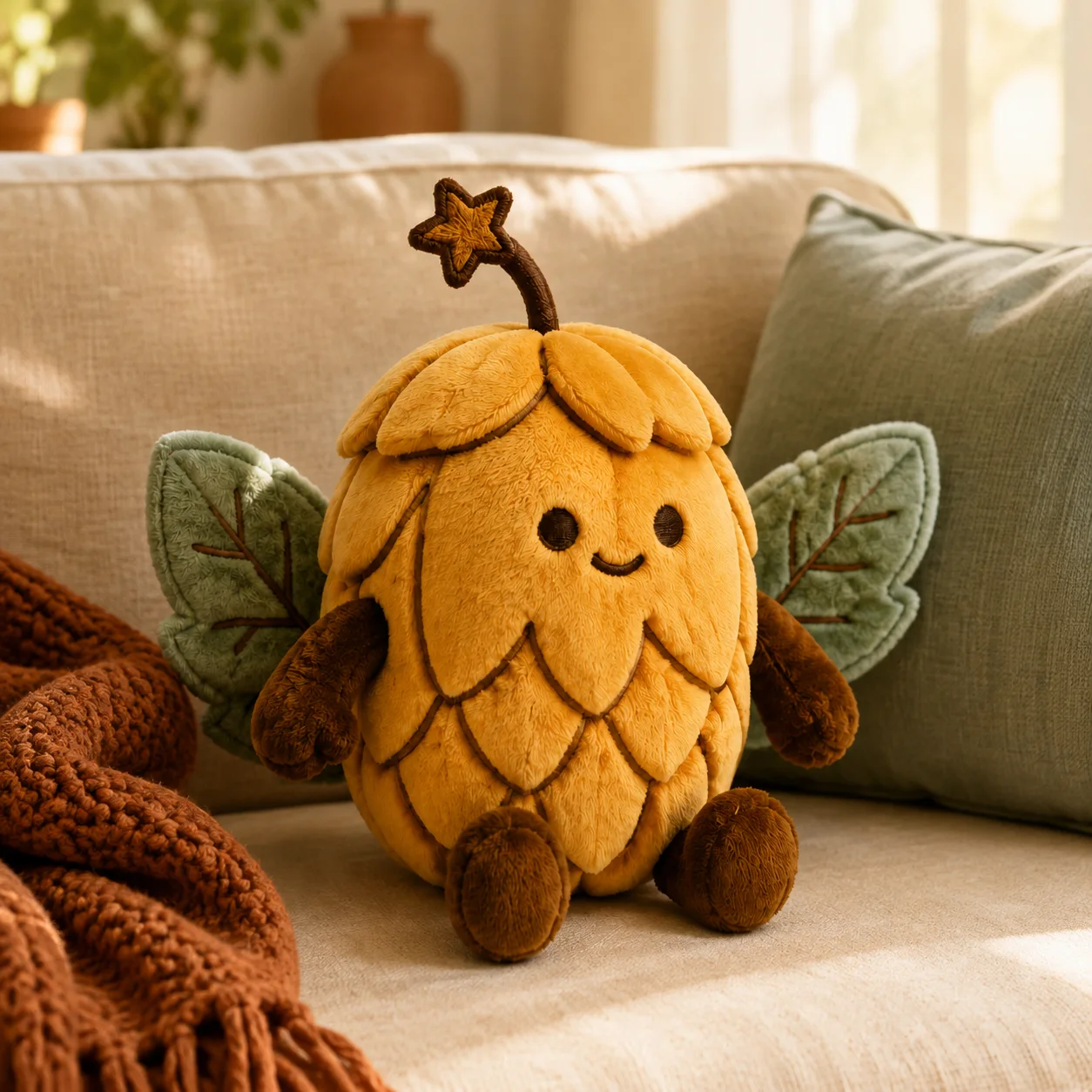 Hopper sitting on a linen sofa beside a rust-colored throw and sage cushion