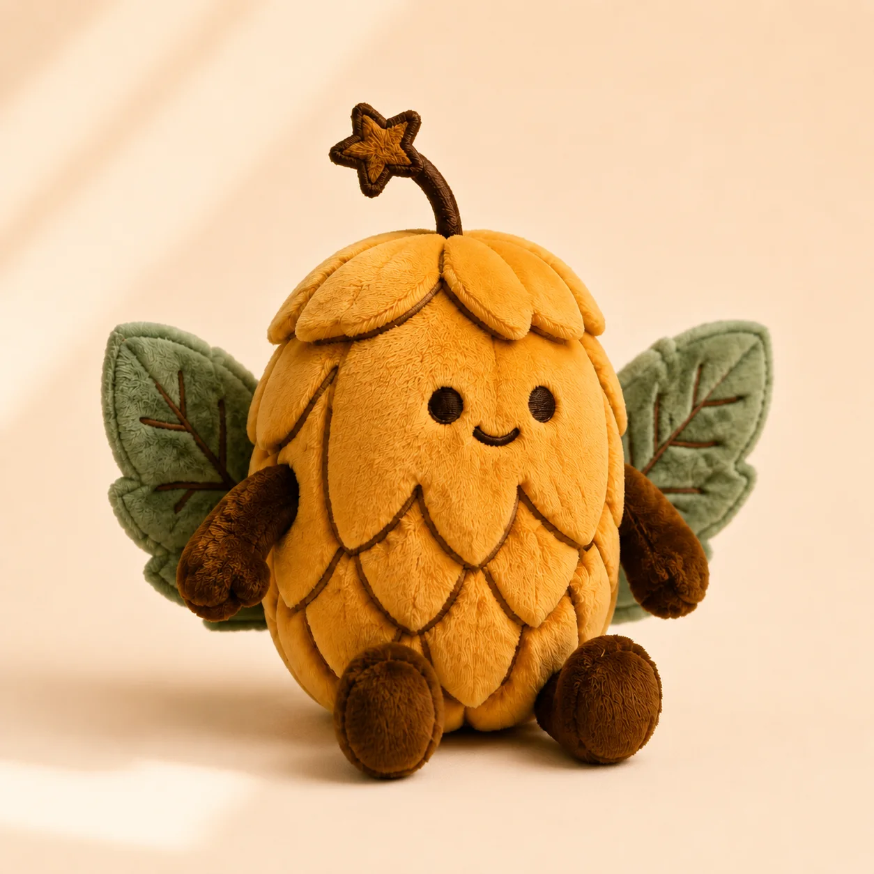 Hopper plushie in a warm studio portrait, with golden hop leaves, sage wings and a star-tipped stem