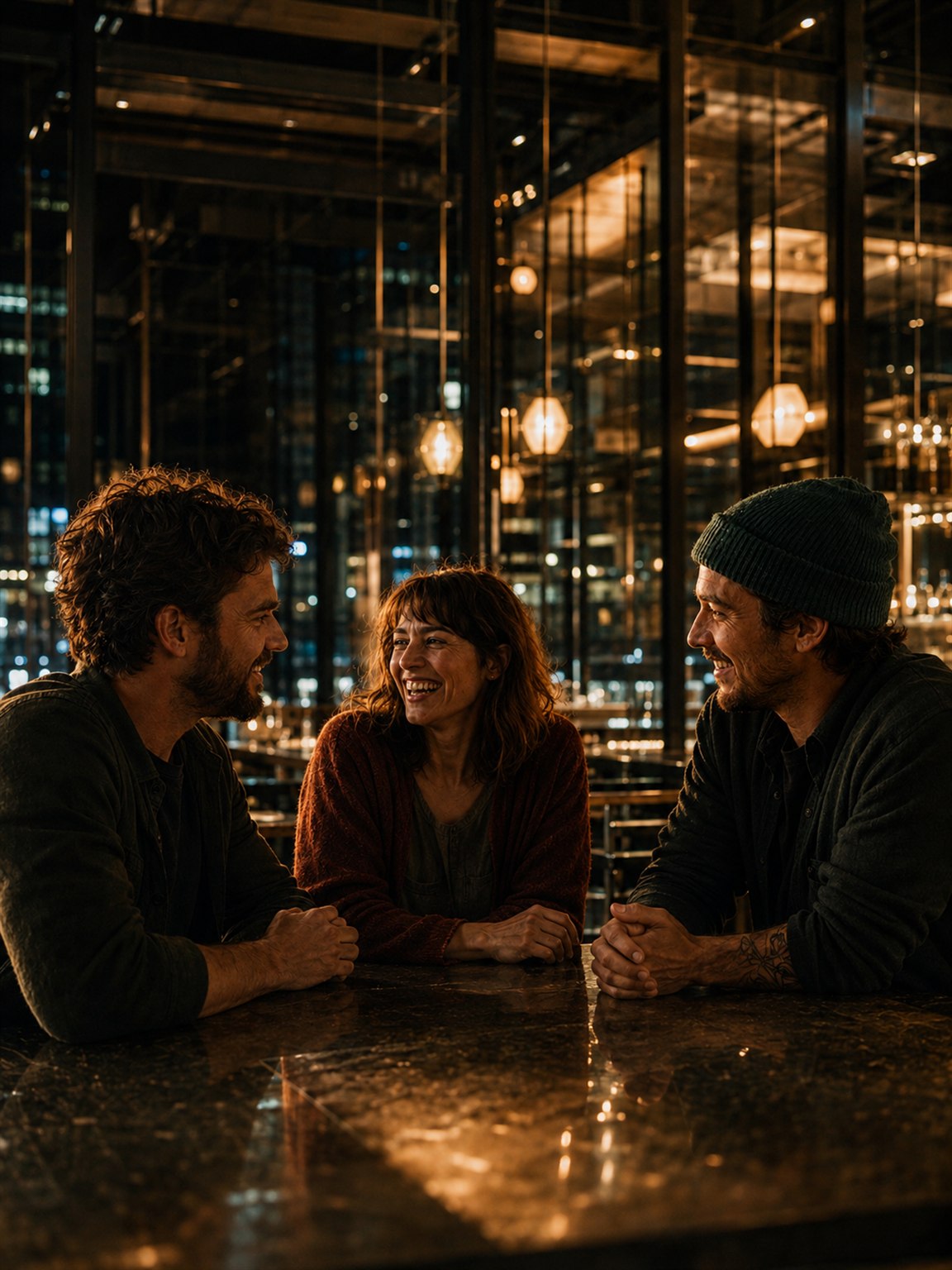 Three friends talking together around a reflective table in a modern glass-walled bar