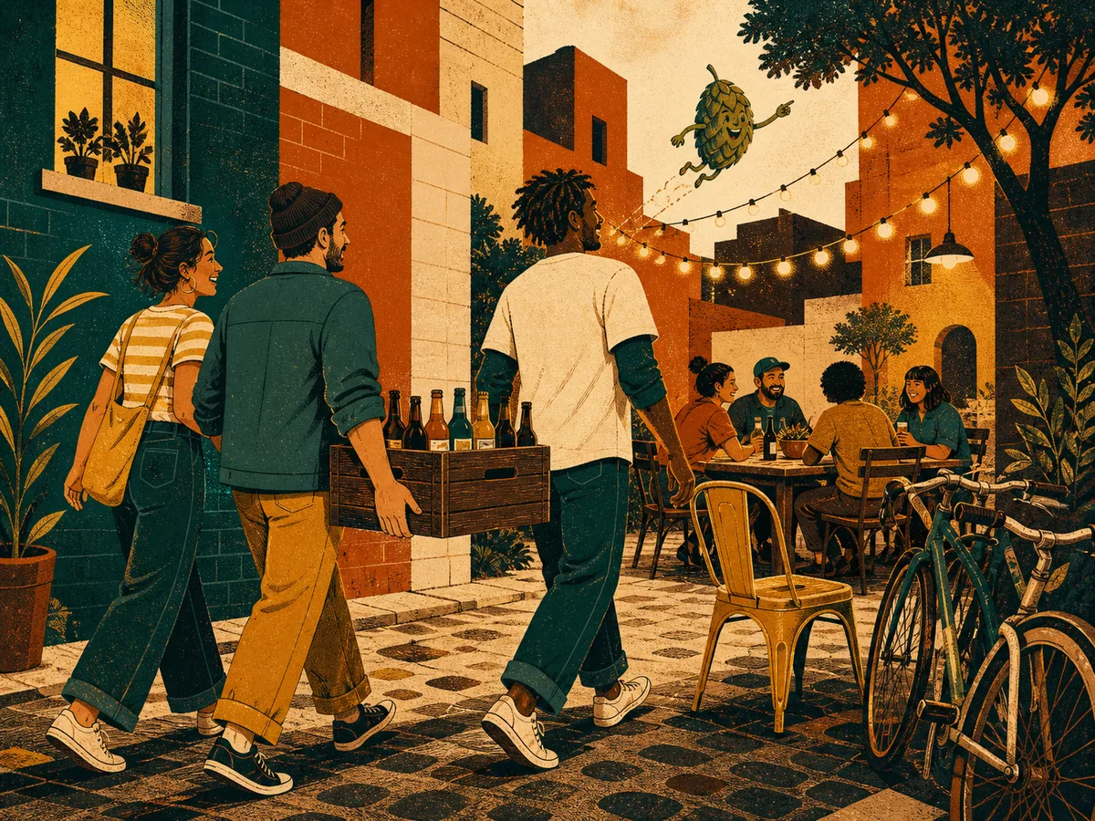 Friends arriving with a crate of beer as Hopper leads them into a lively evening courtyard