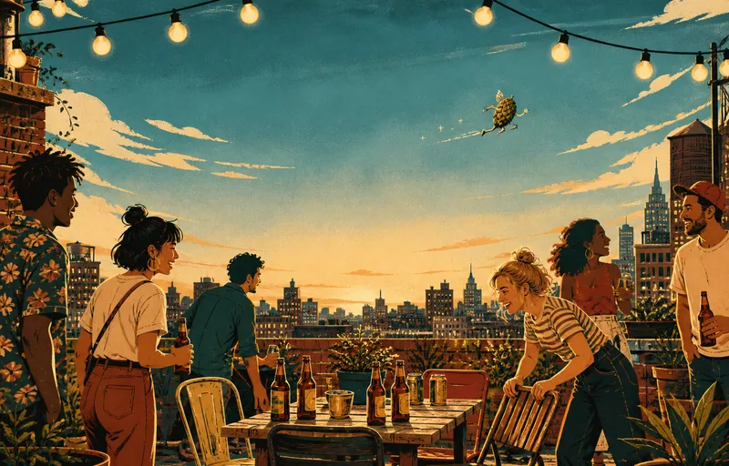 Friends setting an extra place around a rooftop table at sunset while Hopper flies overhead