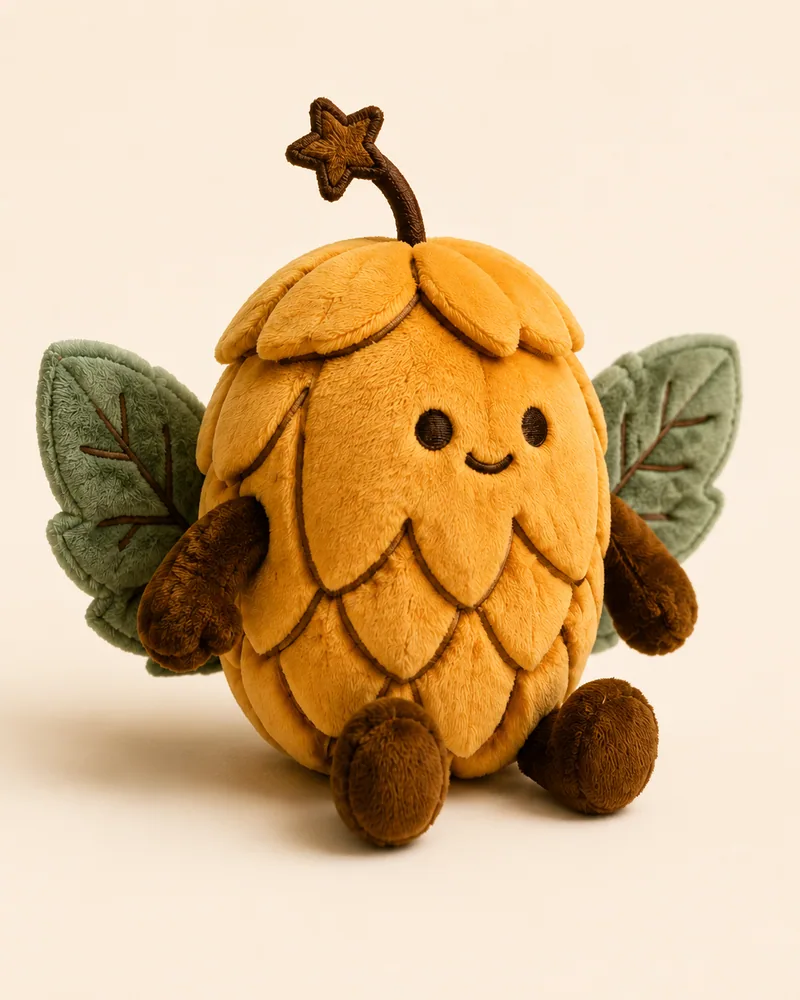 The Hopper plush, a soft hop cone with leaf wings and a star-tipped stem, sitting in daylight