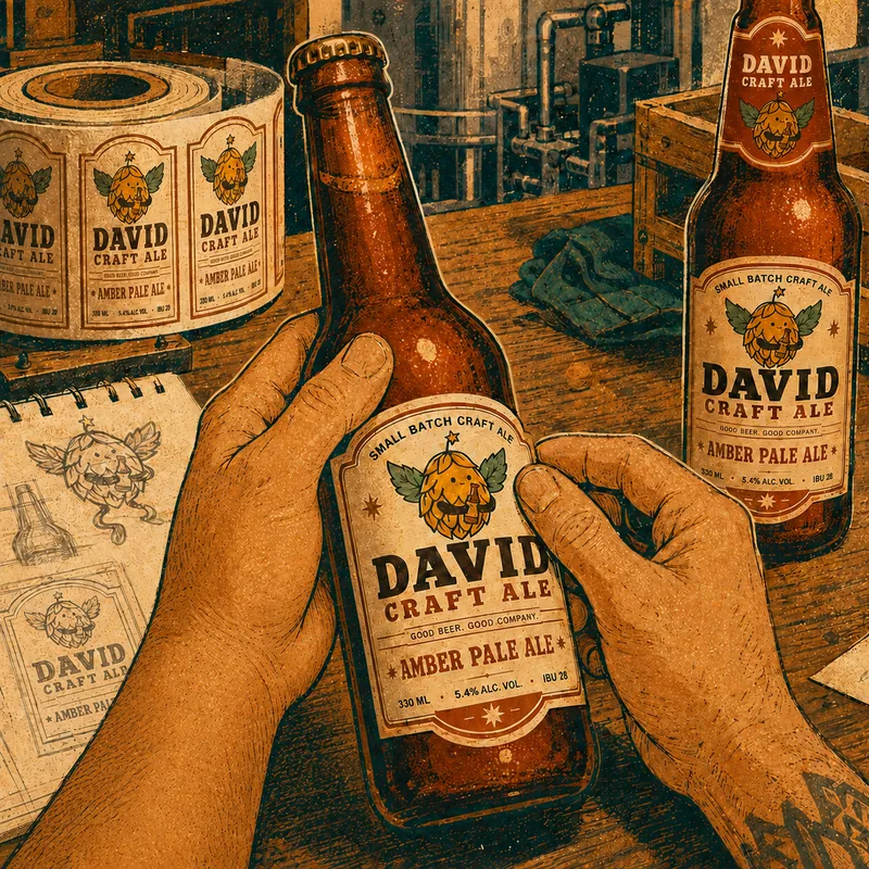 Hands applying a David Craft Ale label to an amber bottle beside pencil sketches of Hopper