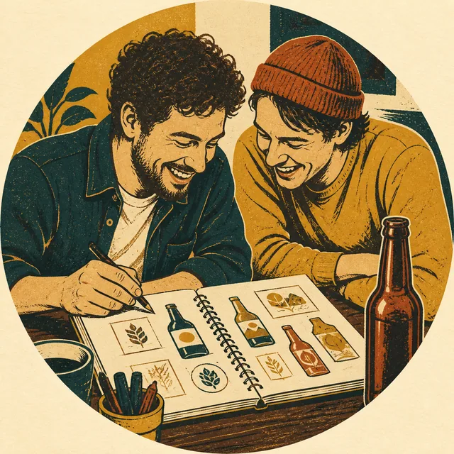 Two friends laughing over early beer label sketches